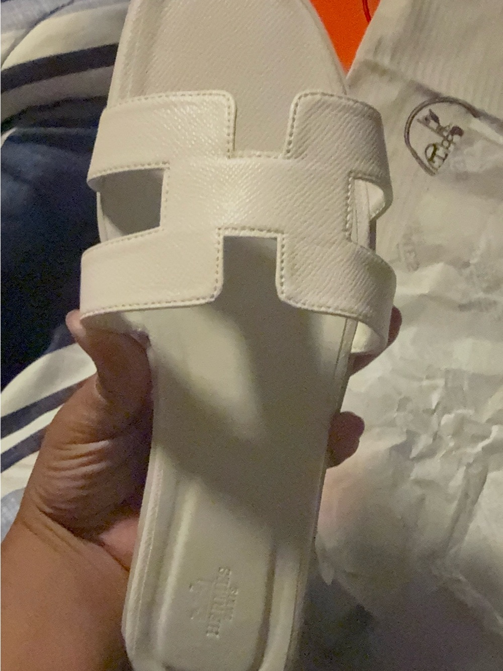 Hermes White Leather Oran H Slide Sandal
